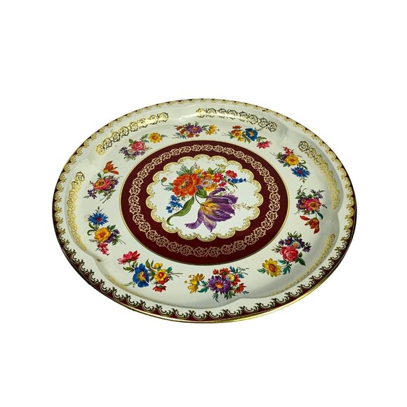 Victorian Style Metal Tray 12" Round Decorative Floral Platter Farmers Market - Picture 3 of 10